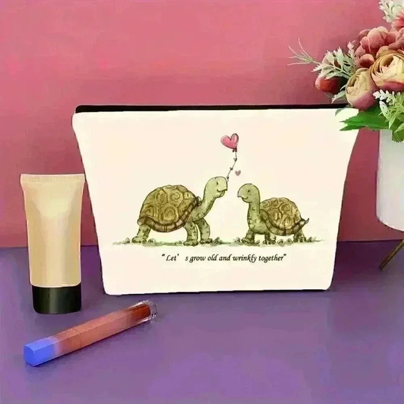 "Let's Grow Old And Wrinkly Together" Turtles Makeup Cosmetic Bag Zipper Pouch - Picture 2 of 3